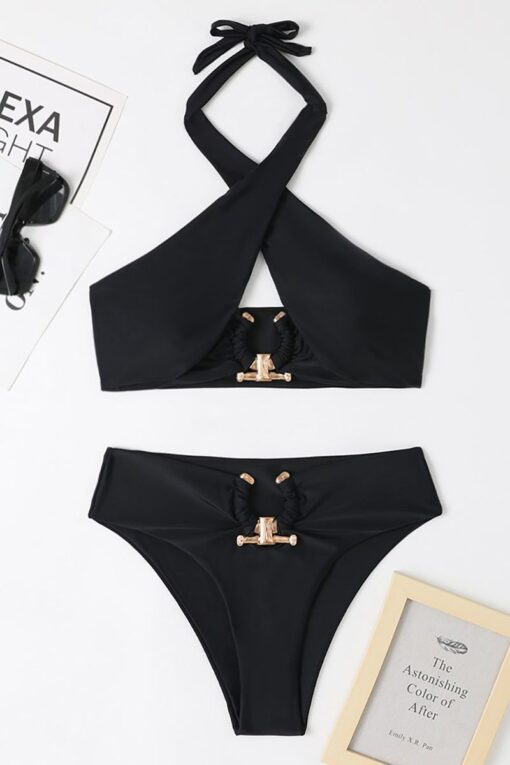 Crossover Cut Out Halter Neck Metal Decor High Waist Bikini Two-Piece Set Swimsuit - Image 6