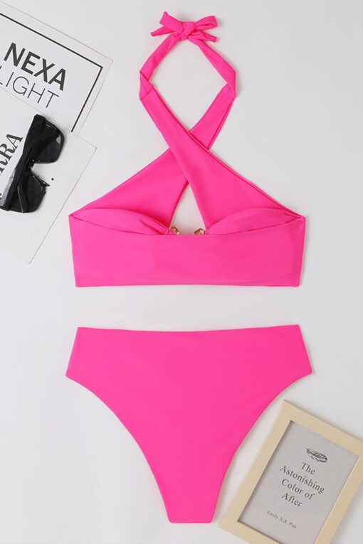 Crossover Cut Out Halter Neck Metal Decor High Waist Bikini Two-Piece Set Swimsuit - Image 15