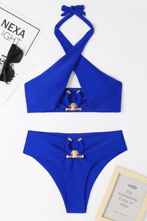 Crossover Cut Out Halter Neck Metal Decor High Waist Bikini Two-Piece Set Swimsuit - Image 8