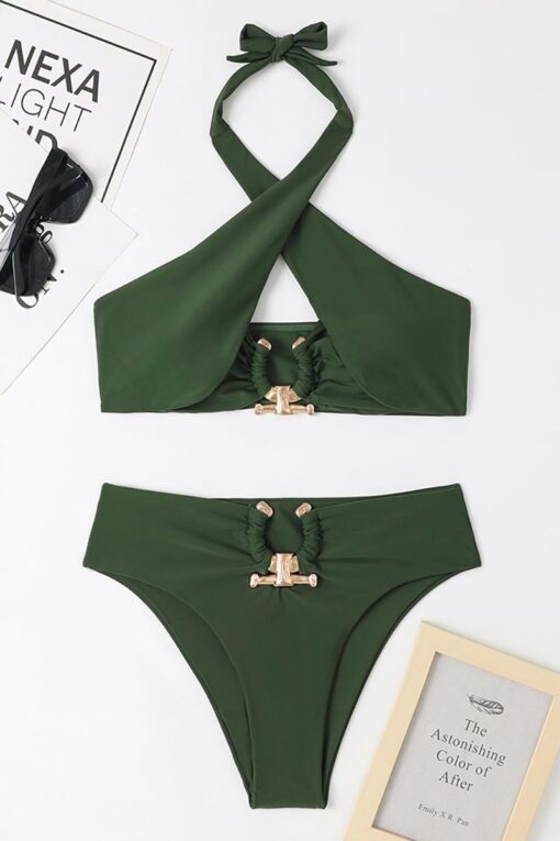 Crossover Cut Out Halter Neck Metal Decor High Waist Bikini Two-Piece Set Swimsuit - Image 12