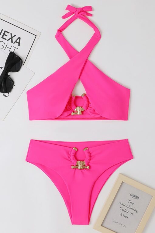 Crossover Cut Out Halter Neck Metal Decor High Waist Bikini Two-Piece Set Swimsuit - Image 14