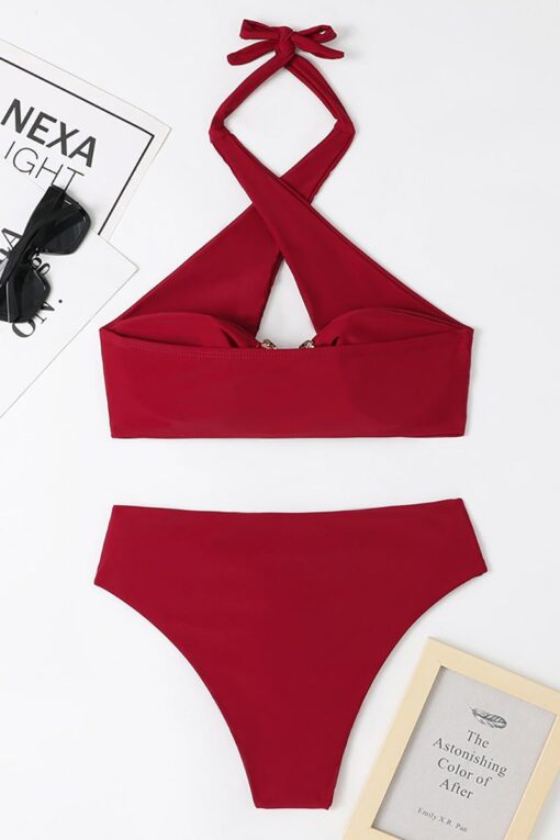 Crossover Cut Out Halter Neck Metal Decor High Waist Bikini Two-Piece Set Swimsuit - Image 11