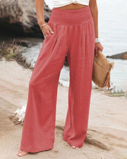 Pocketed Smocked High Waist Wide Leg Pajama Lounge Palazzo Pants - Image 10