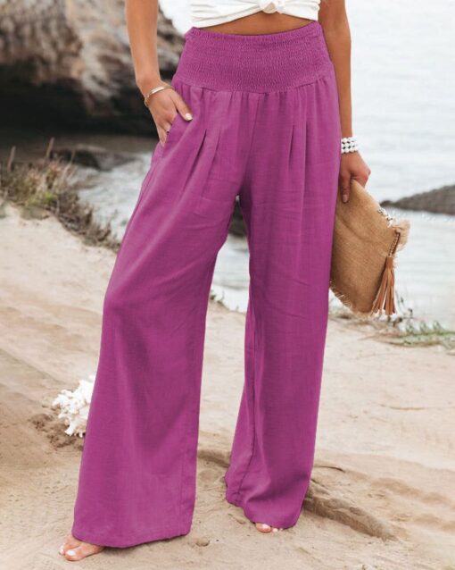 Pocketed Smocked High Waist Wide Leg Pajama Lounge Palazzo Pants - Image 9