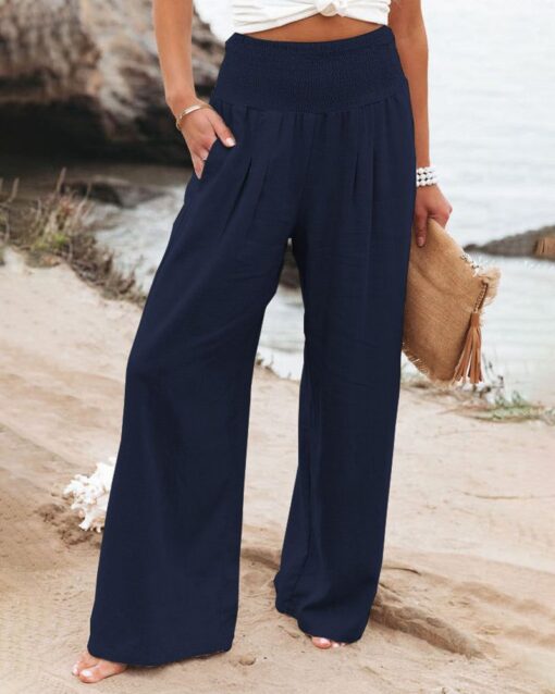 Pocketed Smocked High Waist Wide Leg Pajama Lounge Palazzo Pants - Image 12