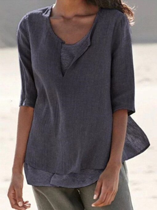 V-Neck Loose Solid Color Shirt - Image 3