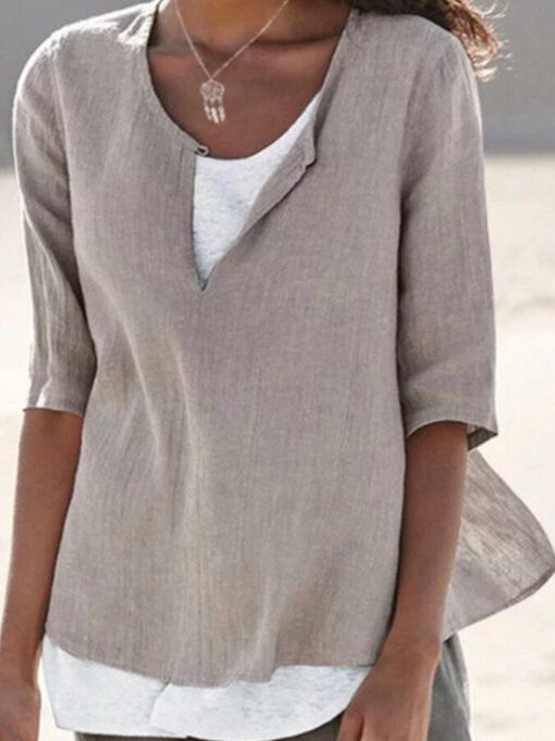 V-Neck Loose Solid Color Shirt - Image 2