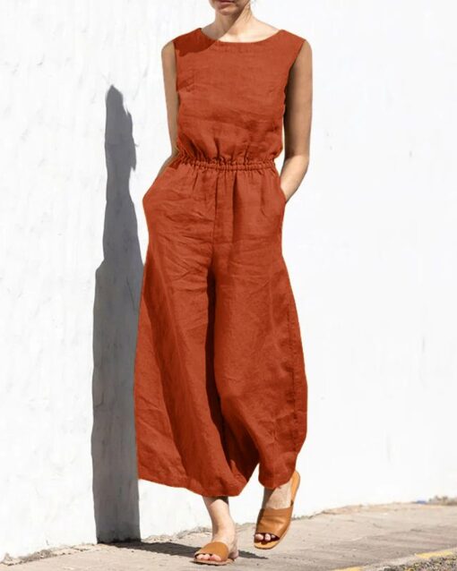 Elastic Waist Playsuit Plain Sleeveless Wide Leg Long Jumpsuit - Image 3