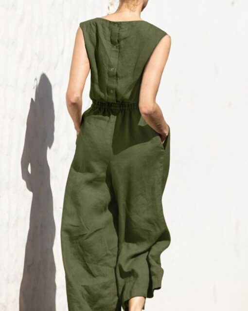 Elastic Waist Playsuit Plain Sleeveless Wide Leg Long Jumpsuit - Image 2