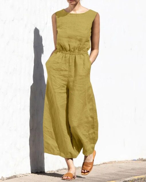 Elastic Waist Playsuit Plain Sleeveless Wide Leg Long Jumpsuit - Image 11