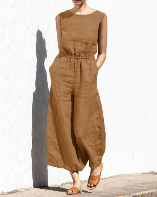 Elastic Waist Playsuit Plain Sleeveless Wide Leg Long Jumpsuit - Image 4