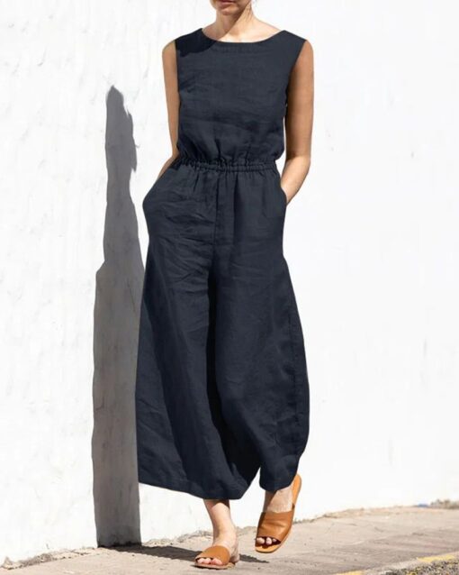 Elastic Waist Playsuit Plain Sleeveless Wide Leg Long Jumpsuit - Image 7