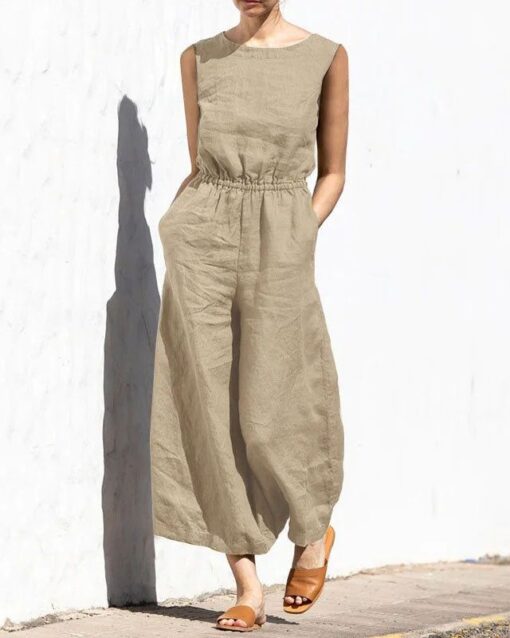 Elastic Waist Playsuit Plain Sleeveless Wide Leg Long Jumpsuit - Image 5