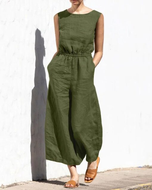 Elastic Waist Playsuit Plain Sleeveless Wide Leg Long Jumpsuit - Image 10