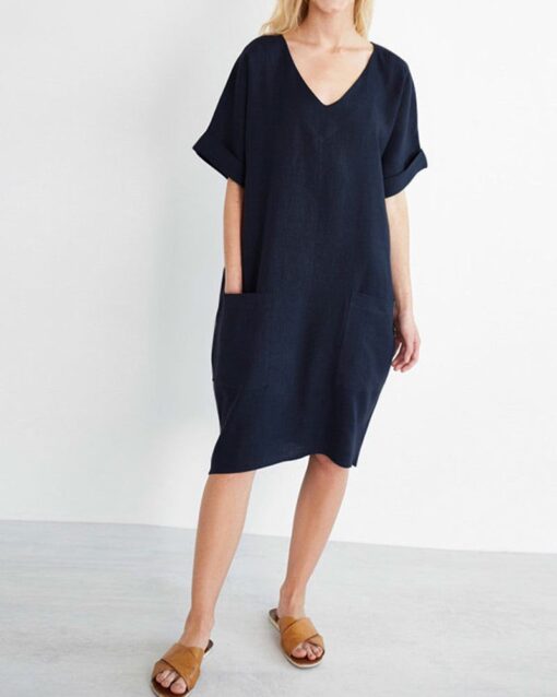 Plus Size Tunic Dress Summer Cotton Linen T Shirt Knee-Length Dresses - Image 4