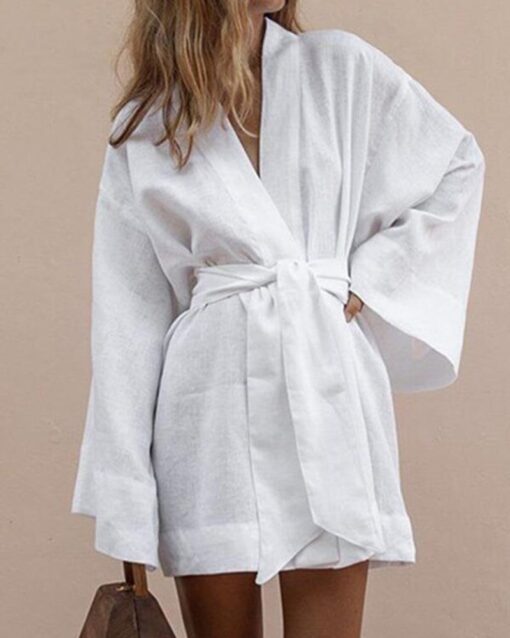 Short Robe Dress Open Front Belted Cardigan V Neck Flare Long Sleeve Cover Up - Image 3