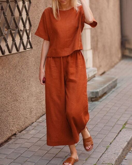 Short Sleeve Tops and Long Wide Leg Pants Casual Loose Fit Two Piece Loungewear Sets