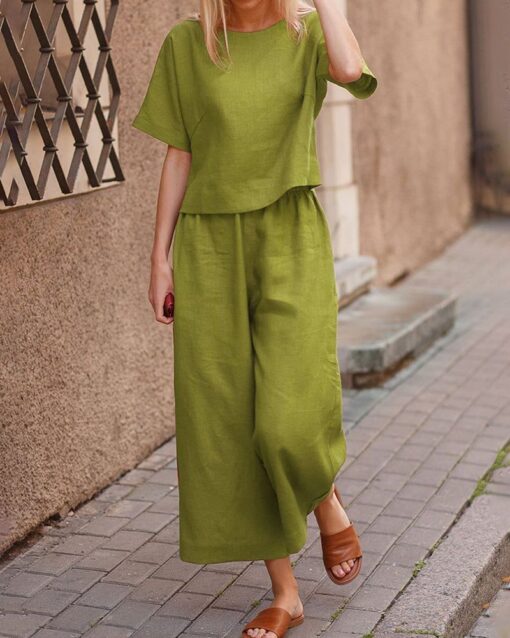 Short Sleeve Tops and Long Wide Leg Pants Casual Loose Fit Two Piece Loungewear Sets - Image 3