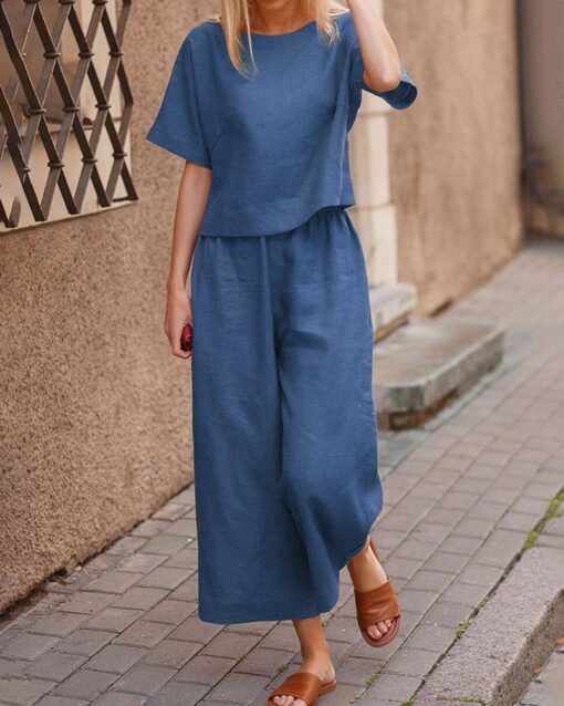 Short Sleeve Tops and Long Wide Leg Pants Casual Loose Fit Two Piece Loungewear Sets - Image 2