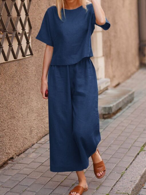 Short Sleeve Tops and Long Wide Leg Pants Casual Loose Fit Two Piece Loungewear Sets - Image 8