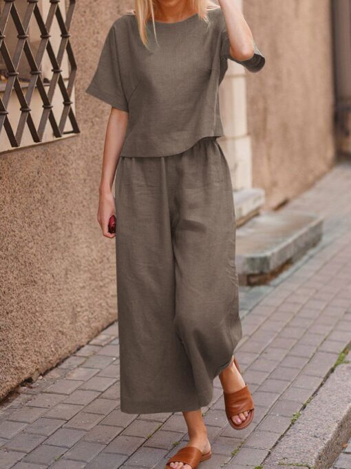 Short Sleeve Tops and Long Wide Leg Pants Casual Loose Fit Two Piece Loungewear Sets - Image 7