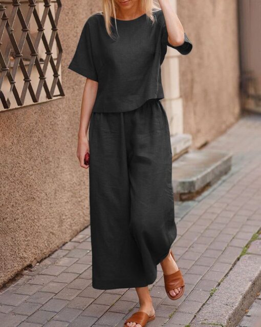 Short Sleeve Tops and Long Wide Leg Pants Casual Loose Fit Two Piece Loungewear Sets - Image 4