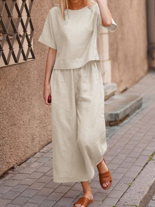 Short Sleeve Tops and Long Wide Leg Pants Casual Loose Fit Two Piece Loungewear Sets - Image 6