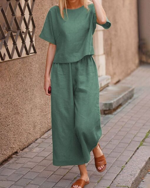 Short Sleeve Tops and Long Wide Leg Pants Casual Loose Fit Two Piece Loungewear Sets - Image 5