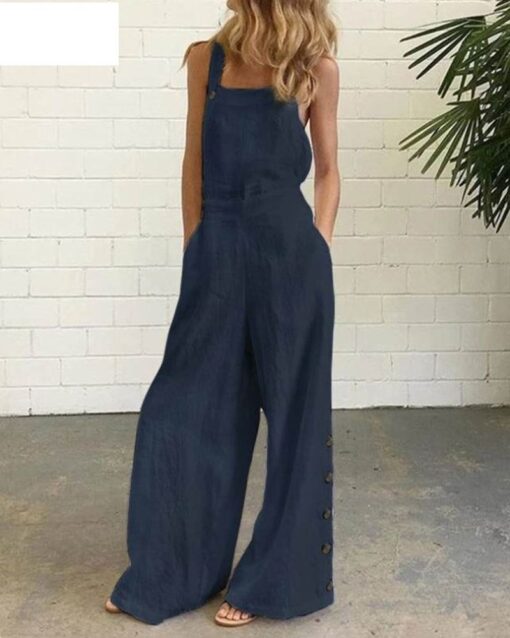 Sleeveless Overalls Jumpsuit Casual Solid Wide Leg Bib Pants Rompers - Image 6