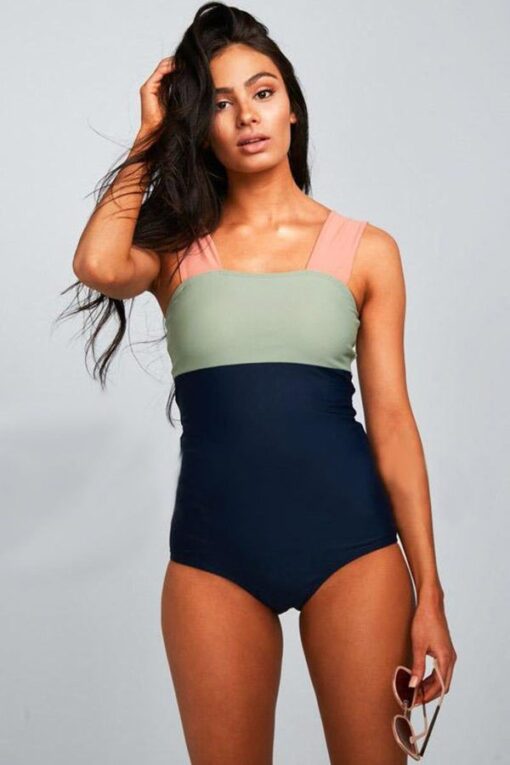 Square Neck Pink Strap Colorblock One Piece Paradise