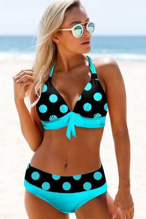 Green Polka Dot Halter Neck Bowknot Bikini Set