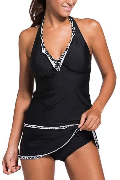 Halter Neck Contrast Binding Tankini Set - Image 2