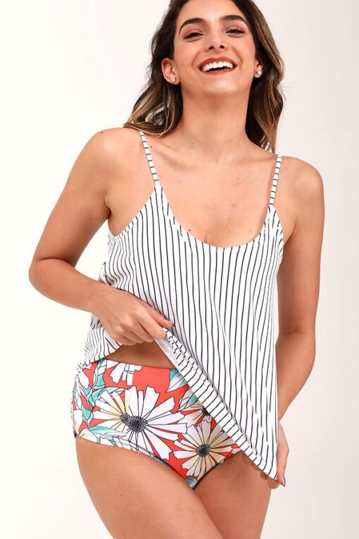 White Stripe And Flower Print Tankini Set Swimsuit - Image 3