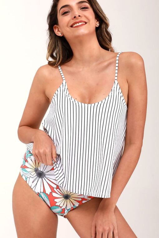 White Stripe And Flower Print Tankini Set Swimsuit - Image 4