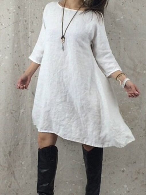 Women's Cotton Linen Solid Dress - Image 4