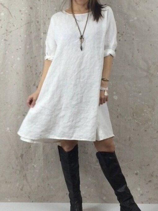 Women's Cotton Linen Solid Dress - Image 6