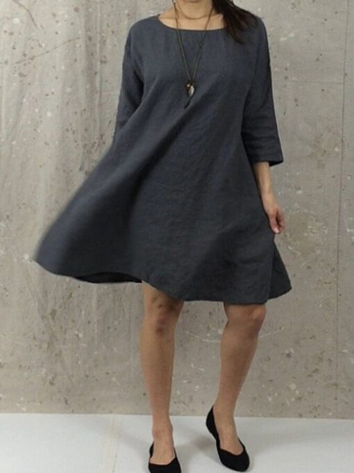 Women's Cotton Linen Solid Dress - Image 2