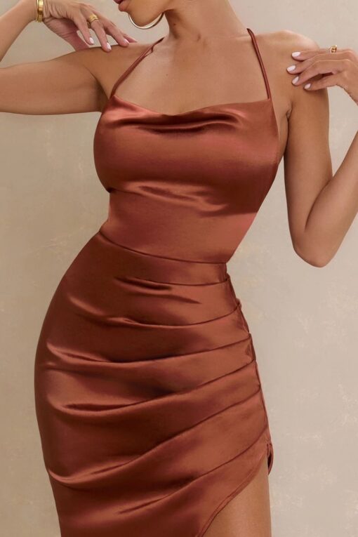 Side Slits Tie Satin Folds Midi Dress - Image 9