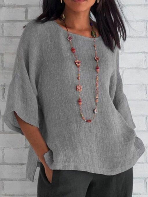 Women's Cotton Linen Three-quarter Sleeve Crew Neck Shirt - Image 2