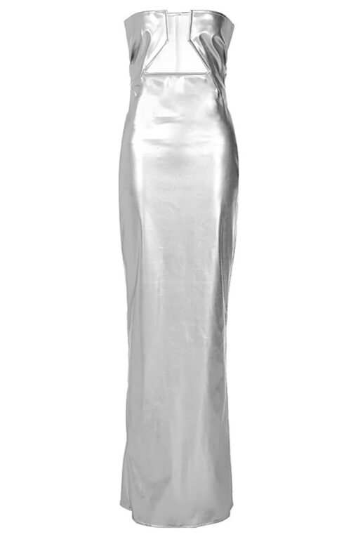 Faux Leather Metallic Finish Tube Cut Out Cocktail Maxi Dresses - Image 12