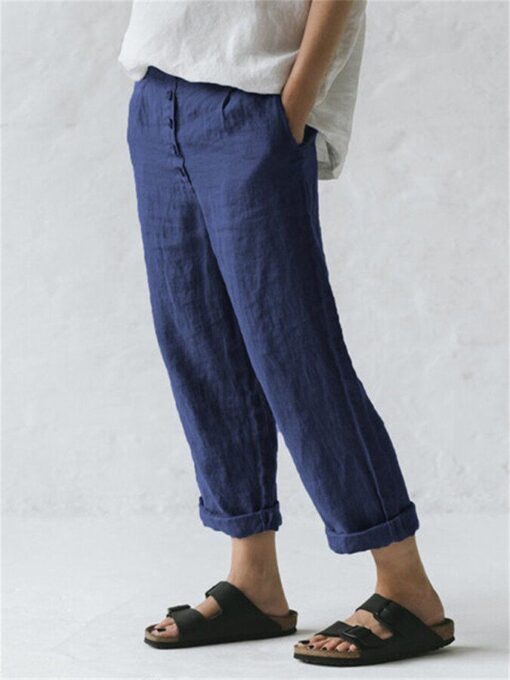 Women's Linen Pocket Button Casual Pants - Image 6