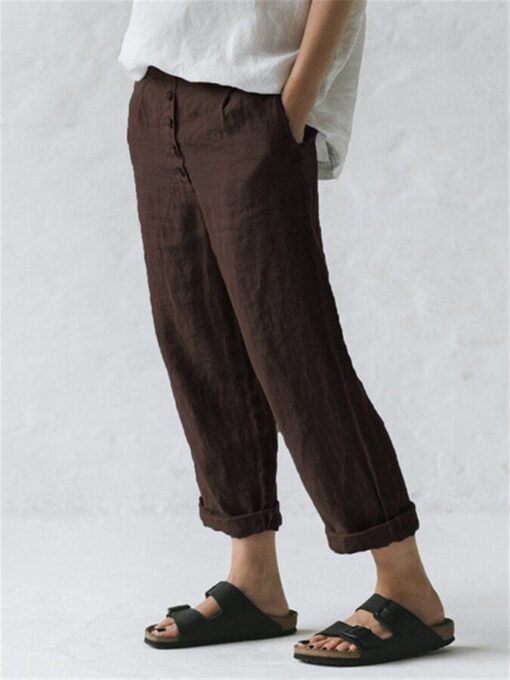 Women's Linen Pocket Button Casual Pants - Image 4