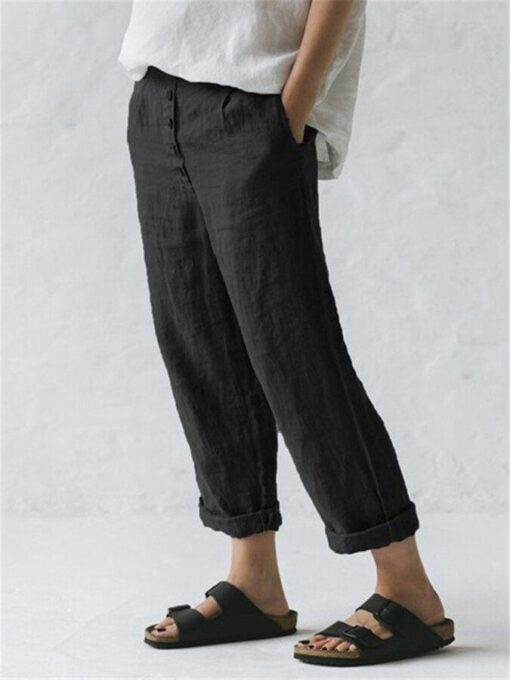 Women's Linen Pocket Button Casual Pants - Image 8