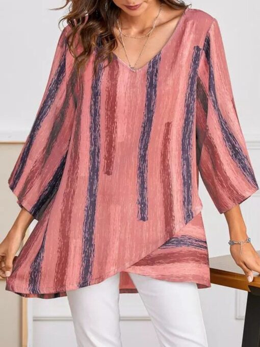 Women's Irregular V-Neck Striped Shirt - Image 3