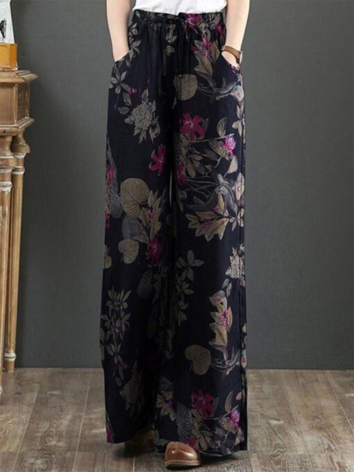 Casual Cotton And Linen Printed Wide-Leg Pants - Image 2