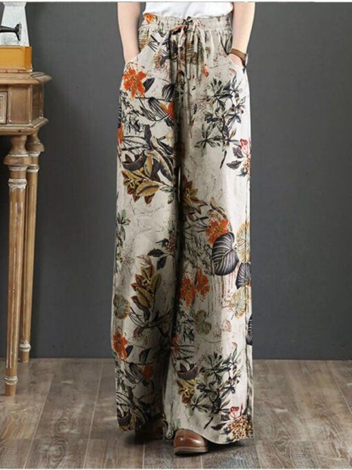 Casual Cotton And Linen Printed Wide-Leg Pants - Image 4