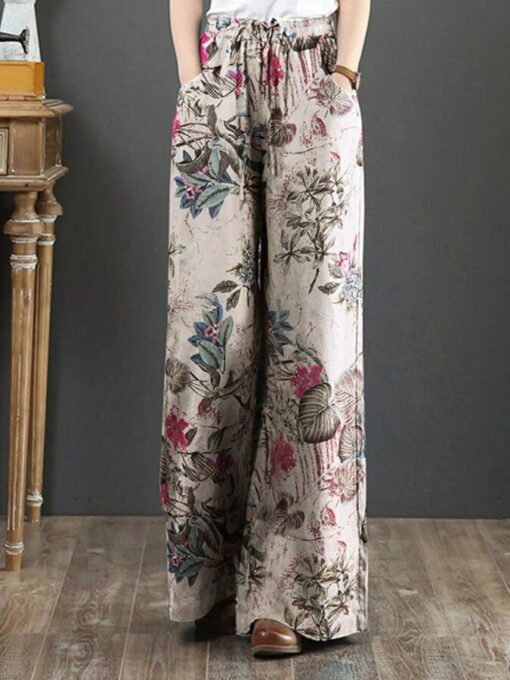 Casual Cotton And Linen Printed Wide-Leg Pants - Image 3