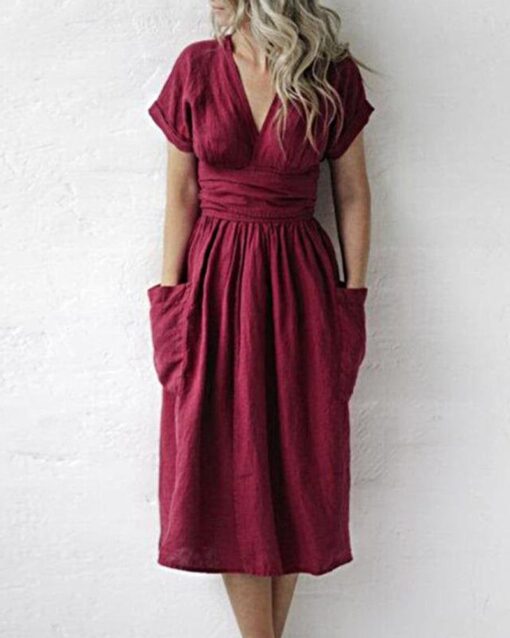 Casual V Neck Short Sleeve Pleated A-Line Midi Dresses with Pockets Split Belted Summer Dress - Image 2