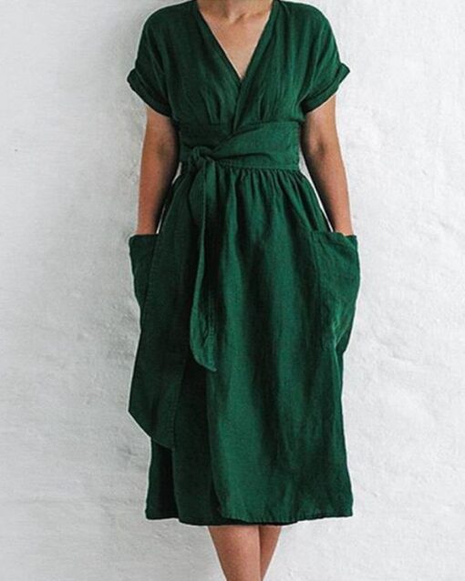 Casual V Neck Short Sleeve Pleated A-Line Midi Dresses with Pockets Split Belted Summer Dress - Image 3