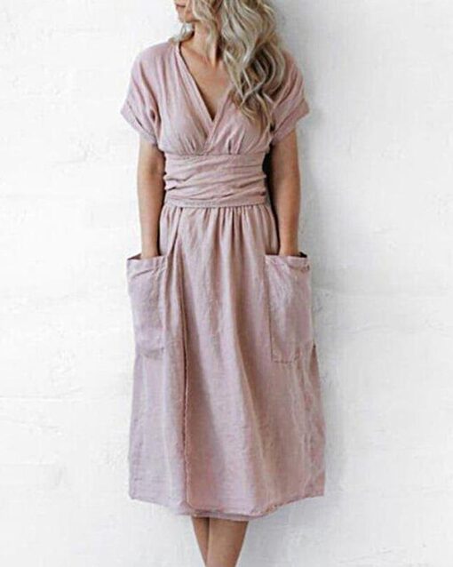 Casual V Neck Short Sleeve Pleated A-Line Midi Dresses with Pockets Split Belted Summer Dress - Image 6